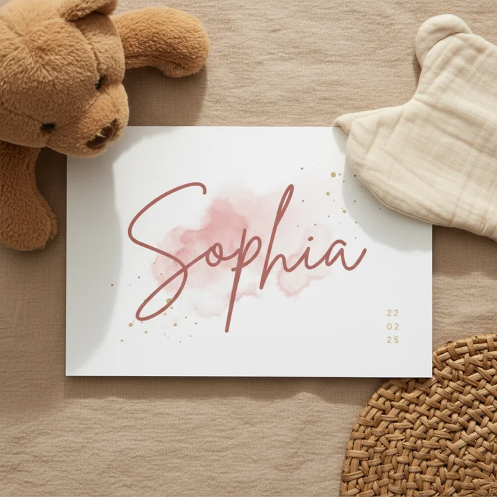 Lief geboortekaartje roze aquarel met grote naam