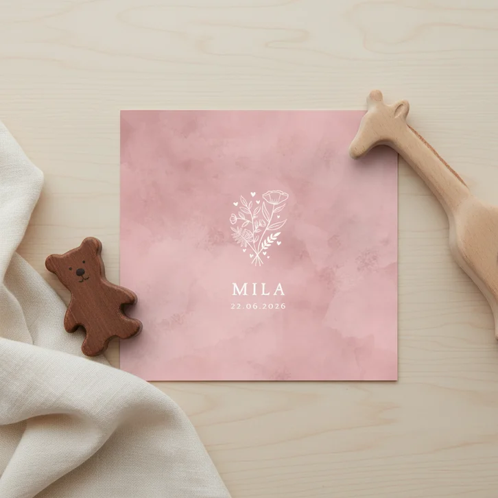 Lief geboortekaartje roze waterverf, bloemetjes en hartjes