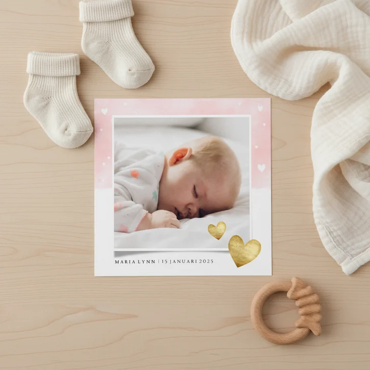 Lief geboortekaartje roze waterverf gouden hartjes