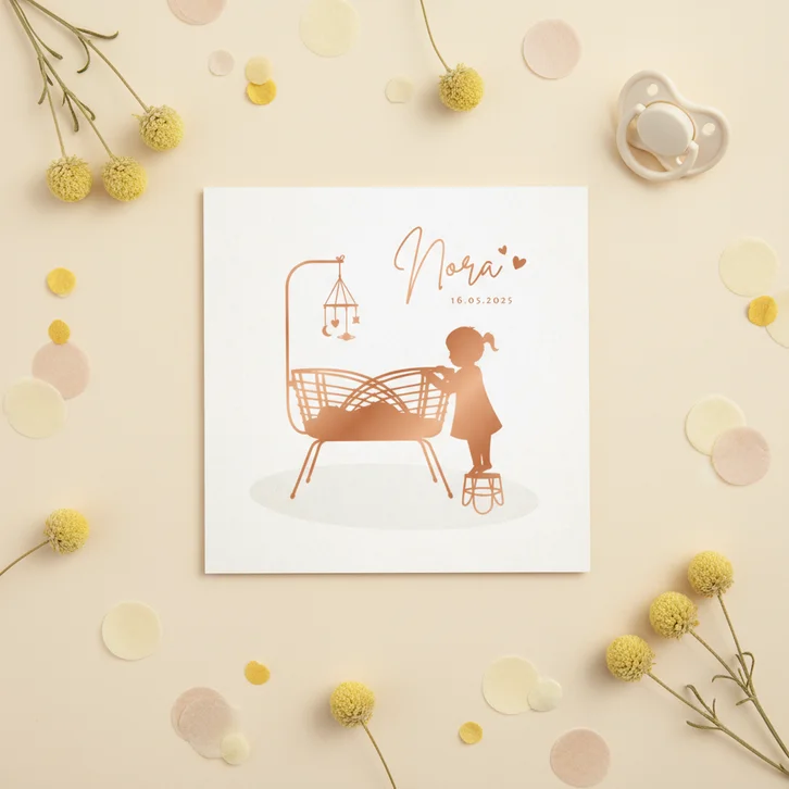 Lief geboortekaartje silhouet grote zus en zusje in wiegje