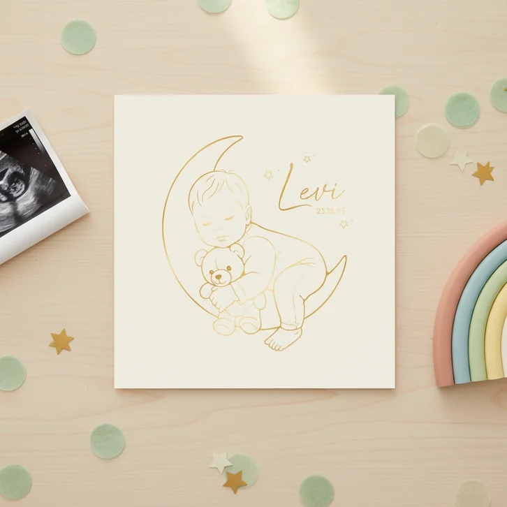 Lief geboortekaartje slapend jongetje op de maan – goudfolie