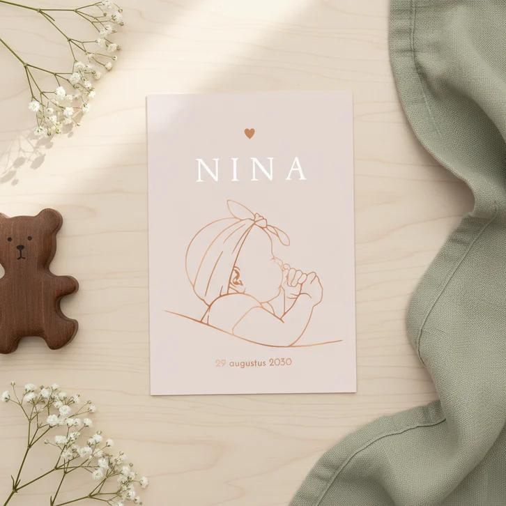 Lief geboortekaartje slapend meisje – koperfolie