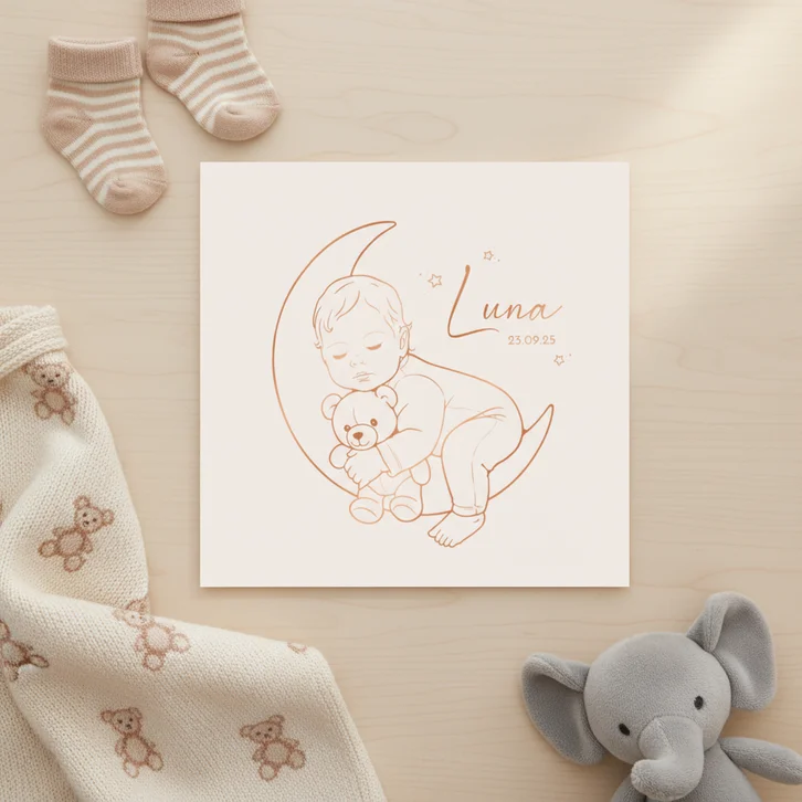 Lief geboortekaartje slapend meisje op de maan – koperfolie