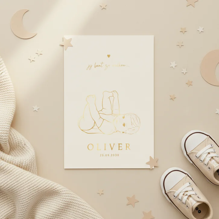 Lief geboortekaartje spelende baby – goudfolie
