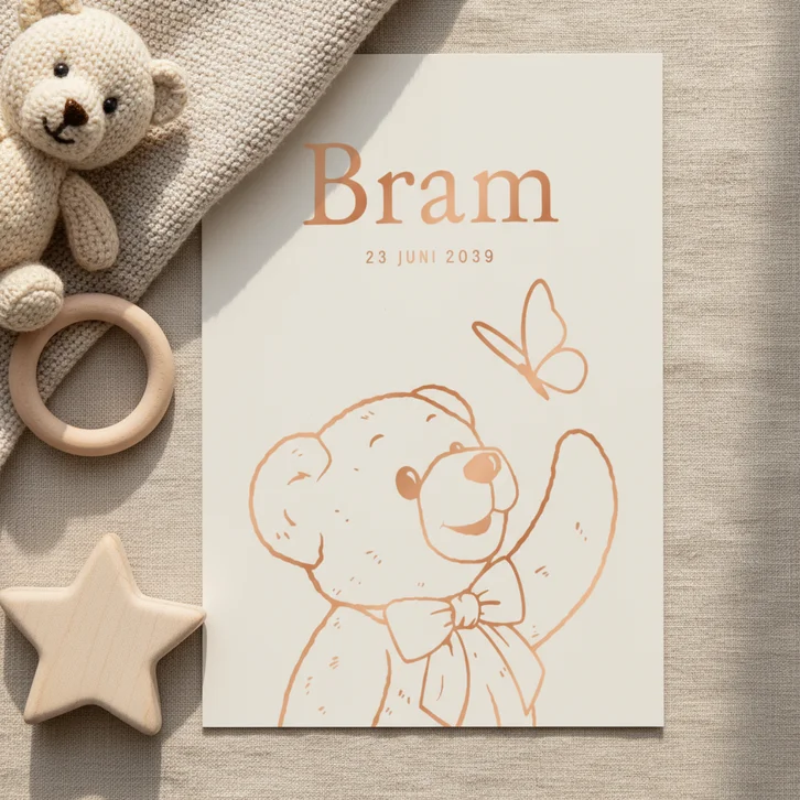 Lief geboortekaartje teddybeer met vlinder – koperfolie