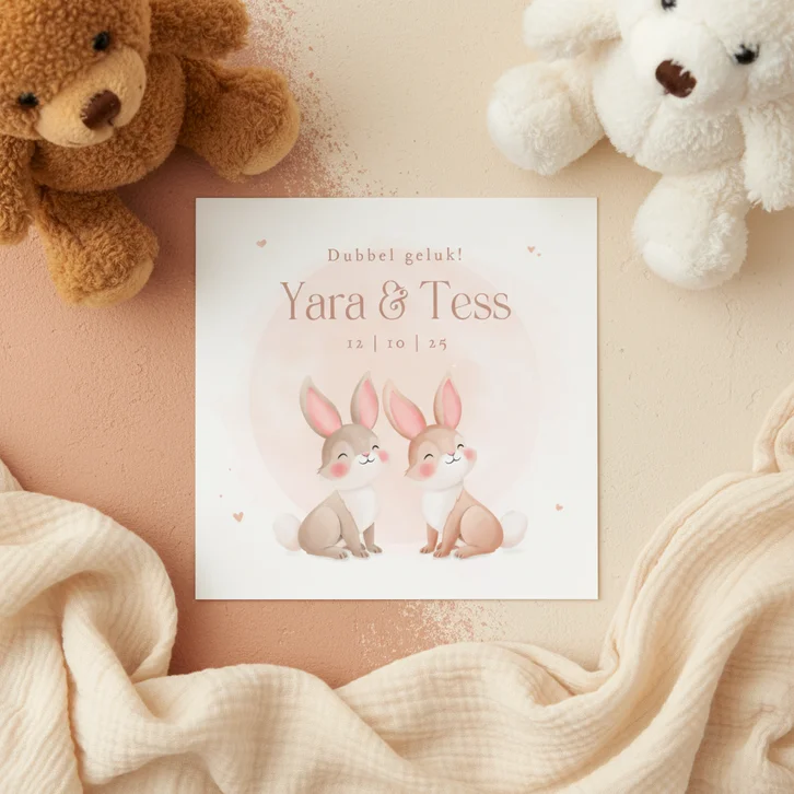 Lief geboortekaartje tweeling pastel illustratie konijntjes
