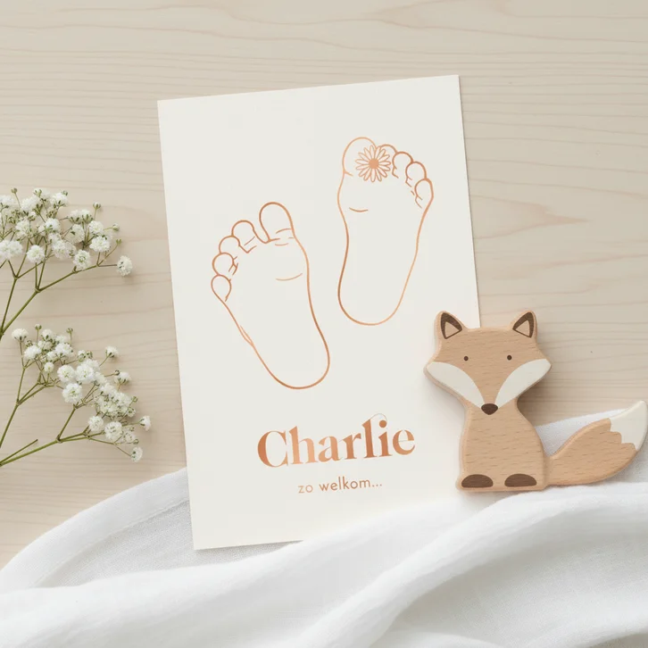 Lief geboortekaartje voetjes met madeliefje – koperfolie