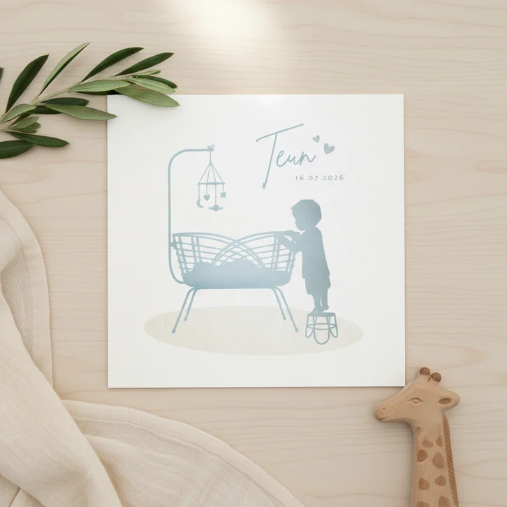 Lief geboortekaartje voor een jongen - grote broer bij wieg