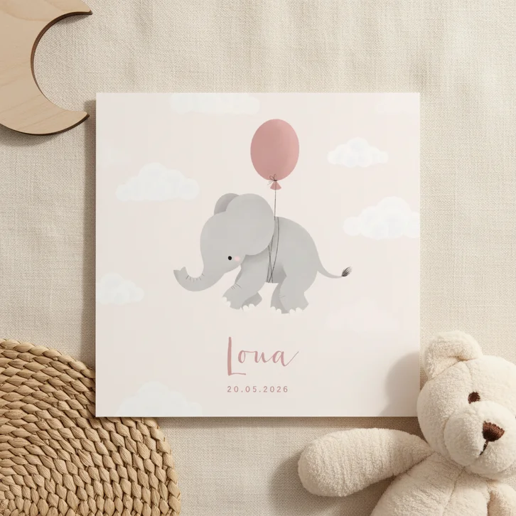 Lief geboortekaartje voor meisje olifantje aan ballon