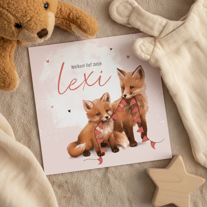 Lief geboortekaartje vosje zusje vlaggetjes dieren verf
