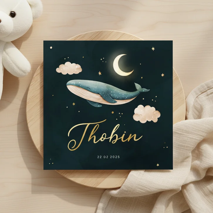 Lief geboortekaartje walvis met maan en goudfolie sterren