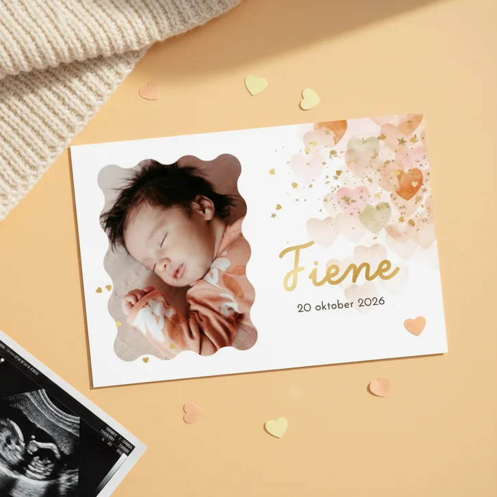 Lief geboortekaartje watercolor hartjes foto confetti goud