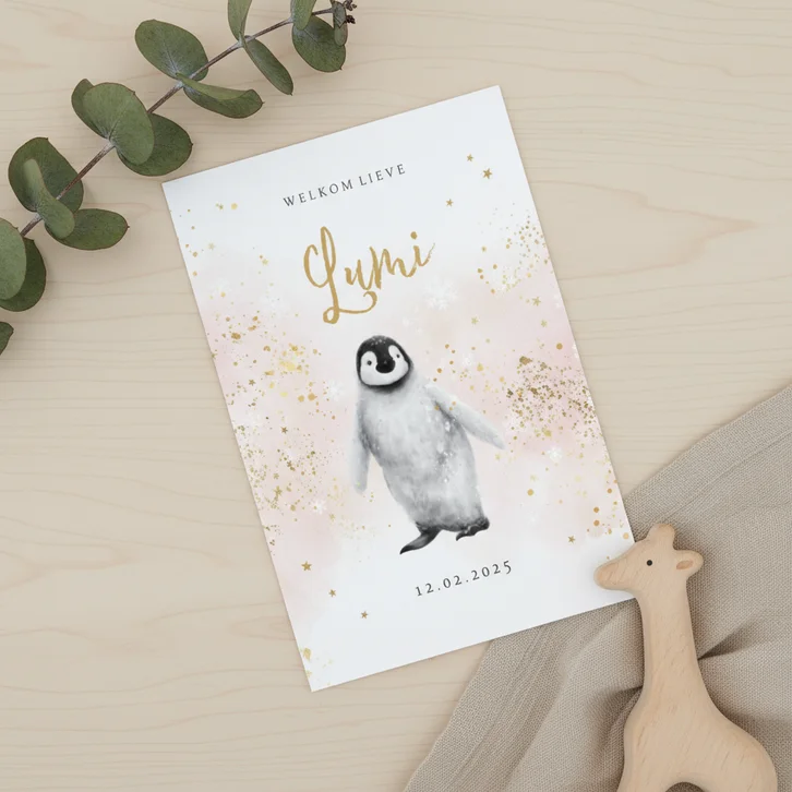 Lief geboortekaartje watercolor pinguïn goud sterren