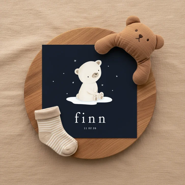 Lief geboortekaartje winter met beertje en sneeuwvlokjes