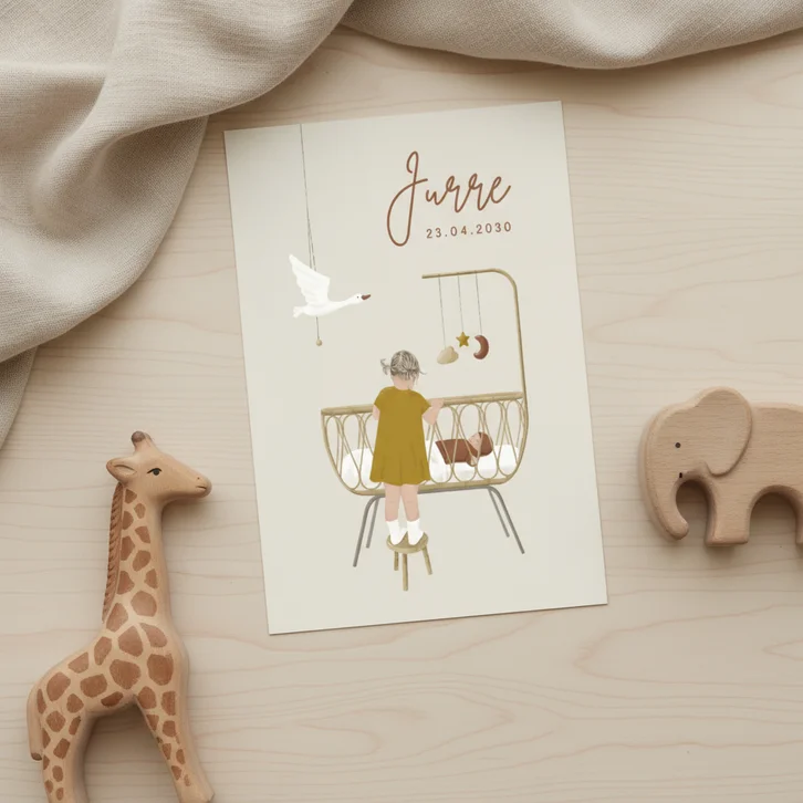 Lief geboortekaartje zus bij wiegje met baby