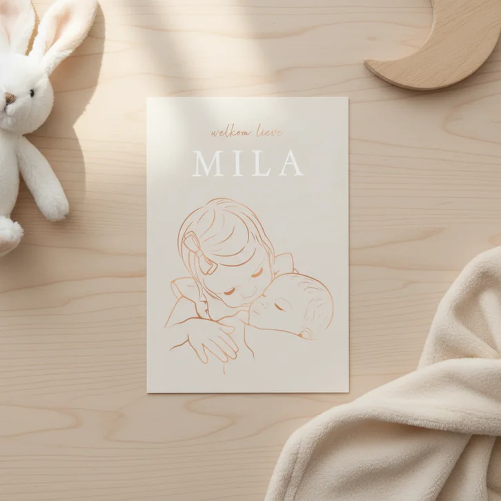 Lief geboortekaartje zus knuffelt baby – koperfolie