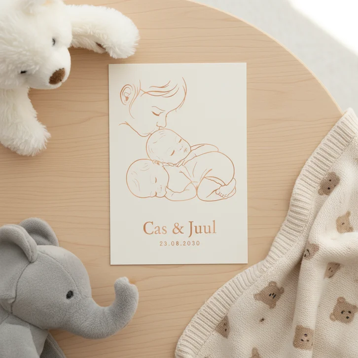 Lief geboortekaartje zus kust tweeling - koperfolie