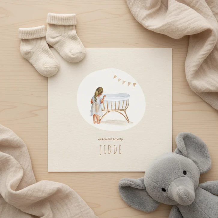 Lief getekend geboortekaartje tweede kindje zus bij wieg