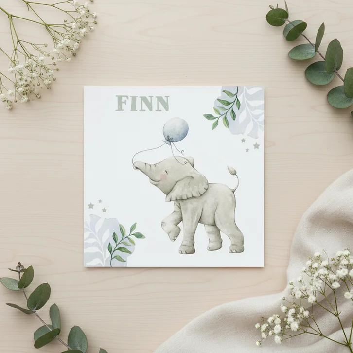 Lief getekend olifantje in waterverf op geboortekaartje zoon