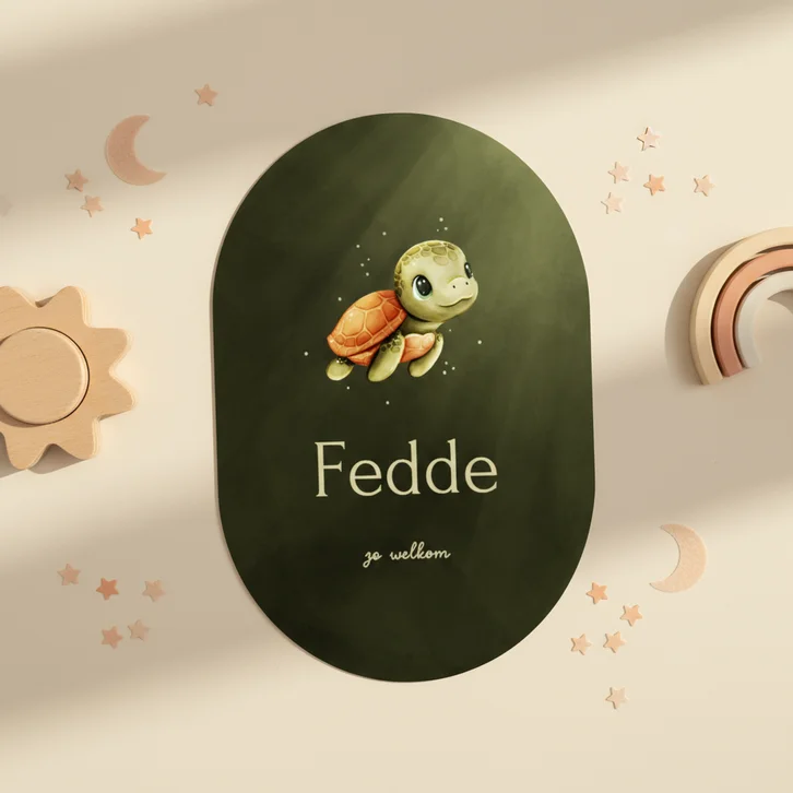 Lief groen ovaal geboortekaartje met een schildpadje