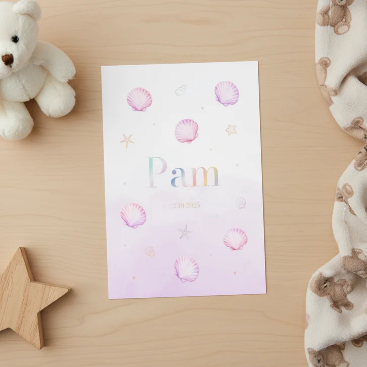 Lief pastel geboortekaartje met schelpjes en waterverf