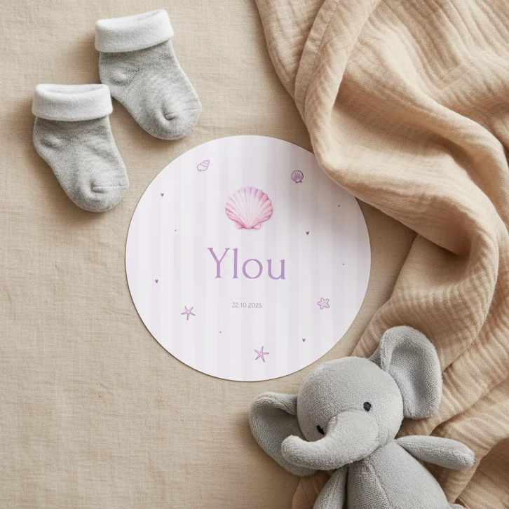 Lief rond pastel geboortekaartje met schelp en en streepjes