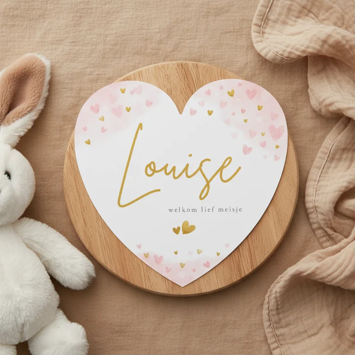 Lief roze geboortekaartje meisje hartvorm roze hartjes