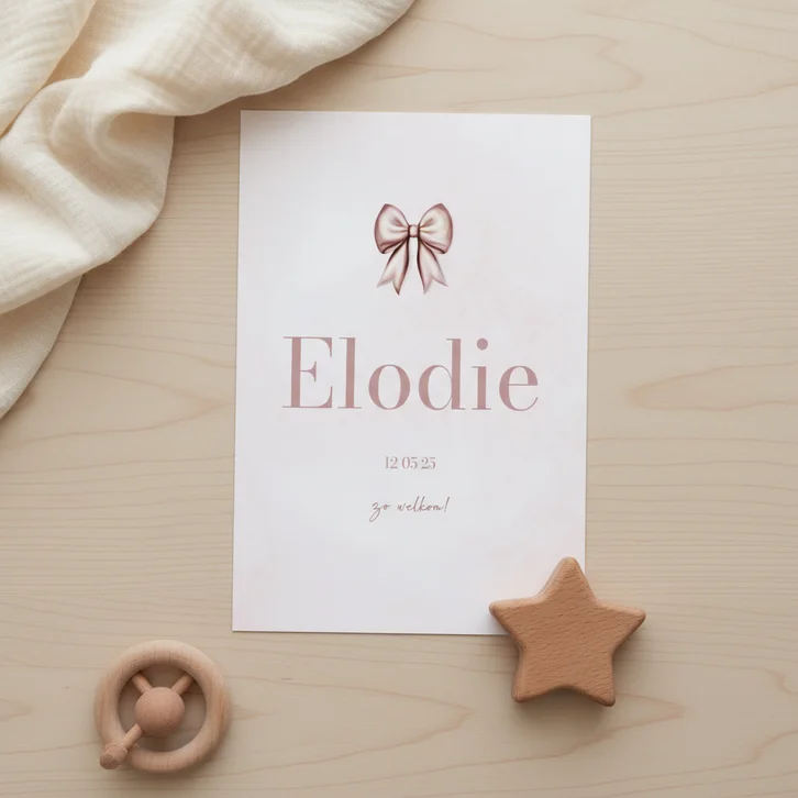 Lief staand geboortekaartje met roze strik waterverf