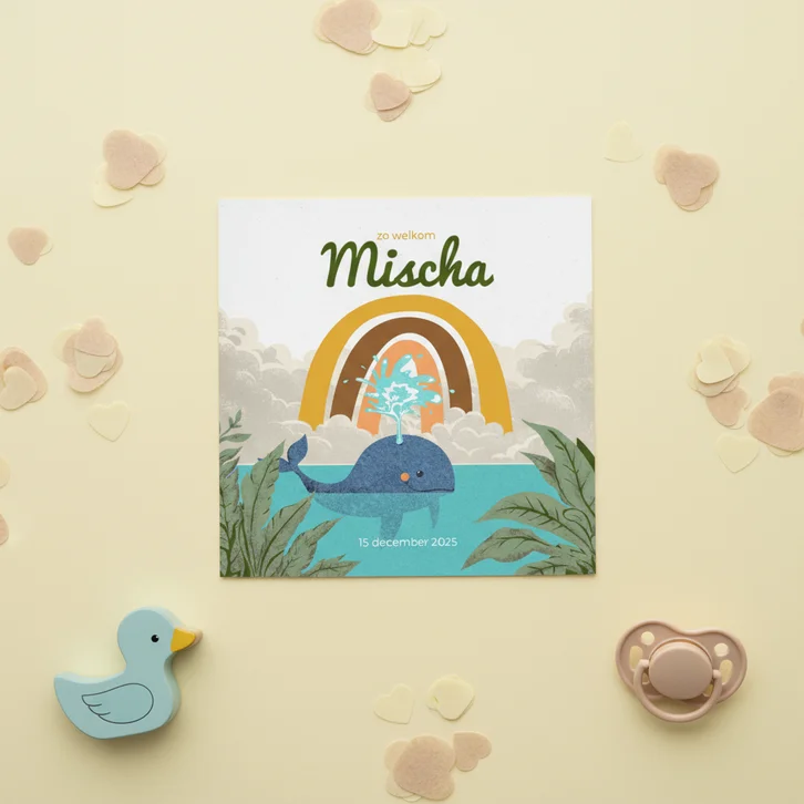 Lief stoer geboortekaartje voor een regenboogbaby met walvis