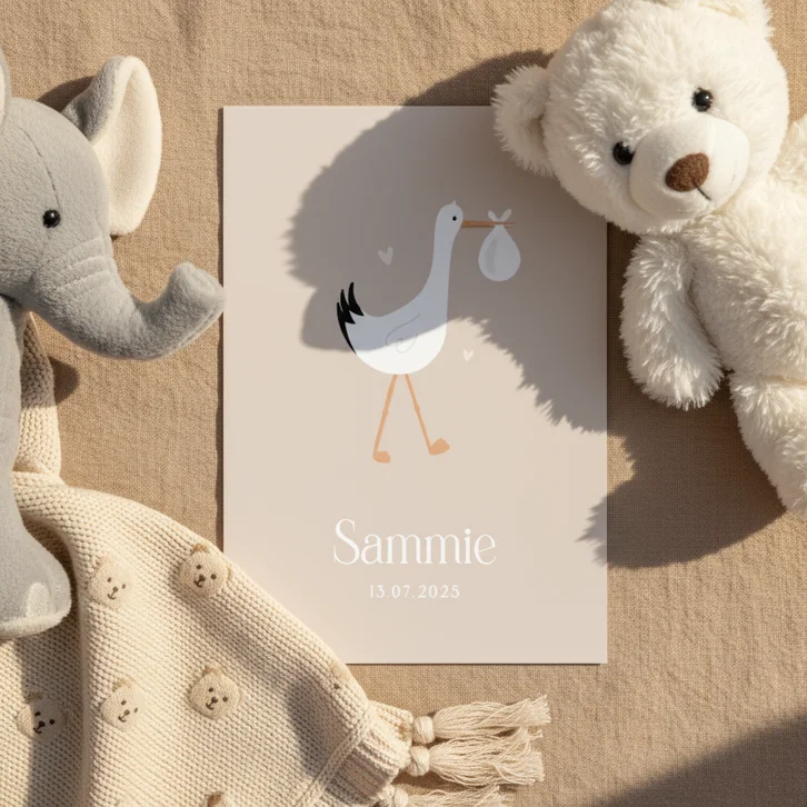 Lief unisex geboortekaartje met illustratie van ooievaar