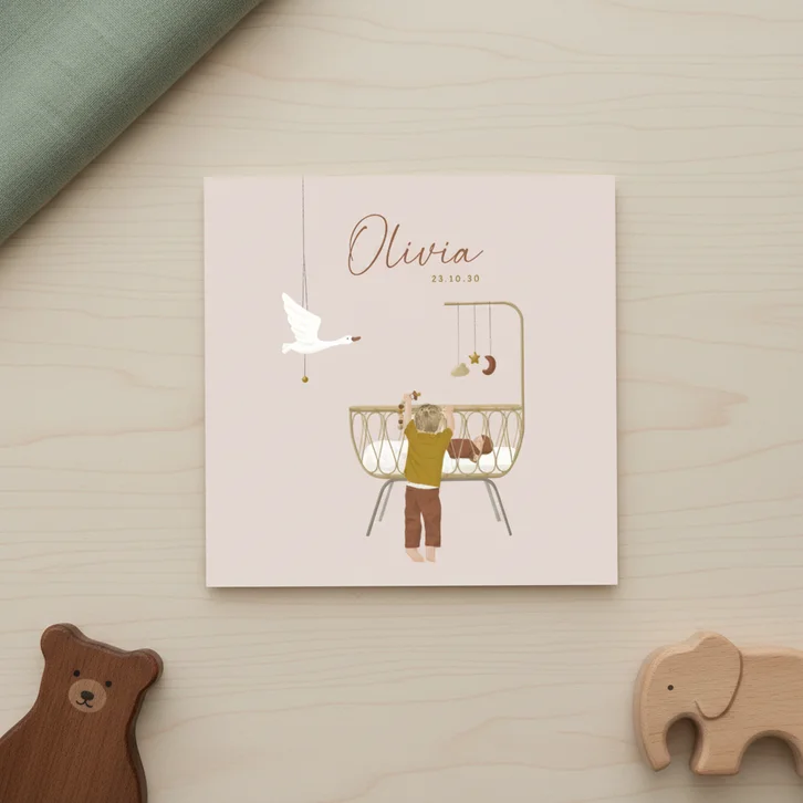 Lief vierkant geboortekaartje broer bij wiegje met baby