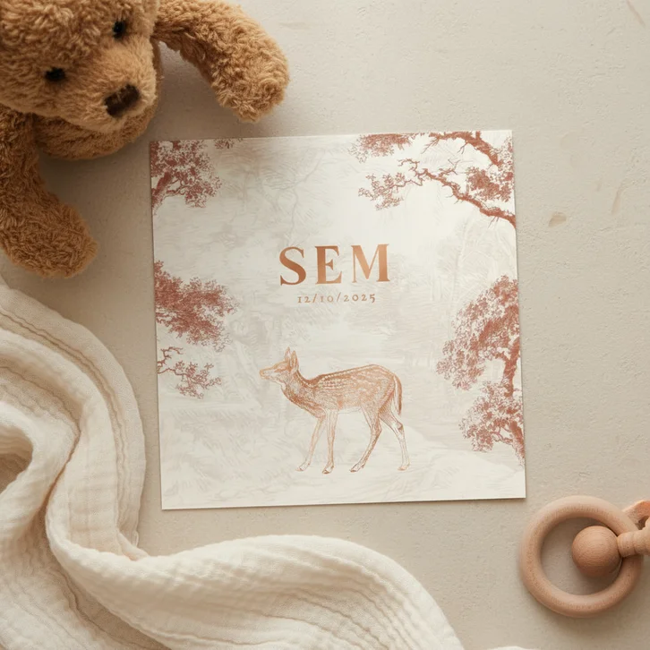 Lief vintage geboortekaartje met hertje in bos koperfolie