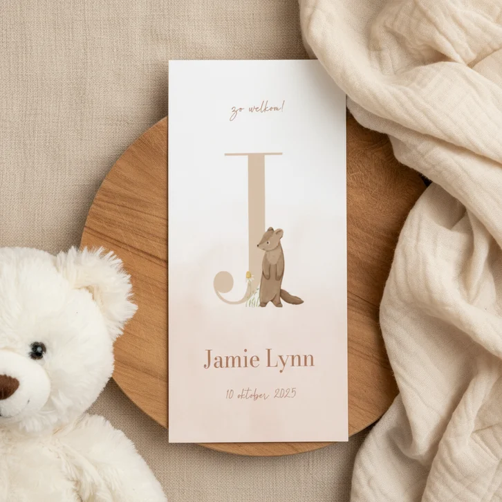 Lief waterverf geboortekaartje met dierenletter