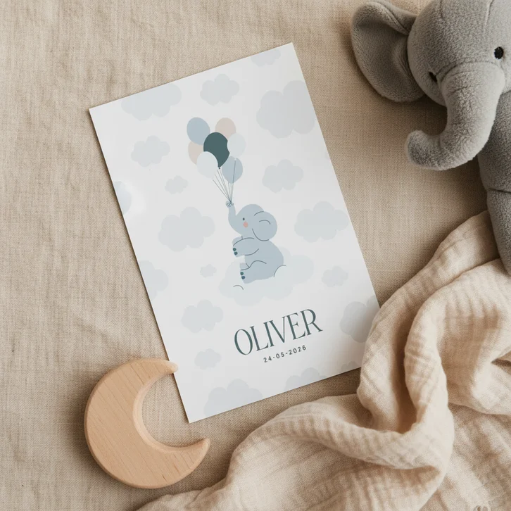 Lief wit geboortekaartje met blauw olifantje en ballonnen 