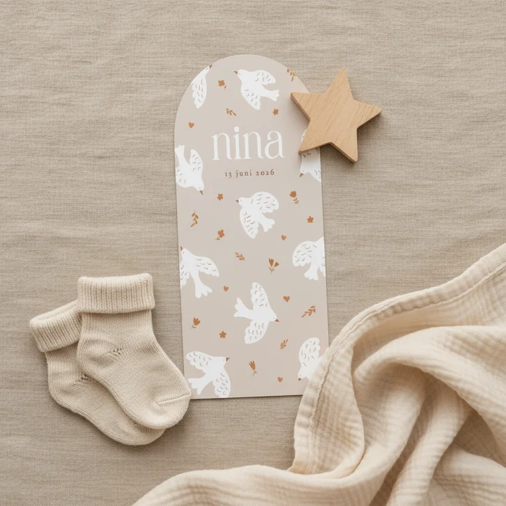 Lieve beige geboortekaartjes in boogvorm met witte duifjes