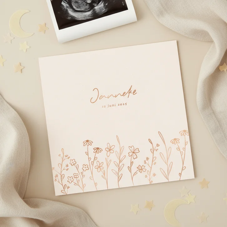 Lieve geboortekaartjes met bloemenveld in koperfolie beige