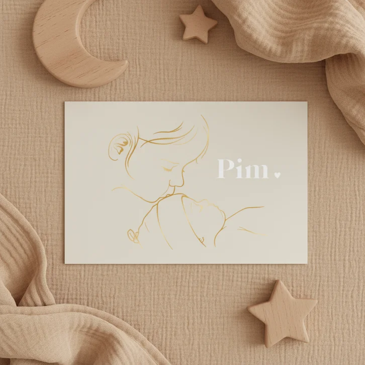 Liggend geboortekaartje goudillustratie – zus kust baby