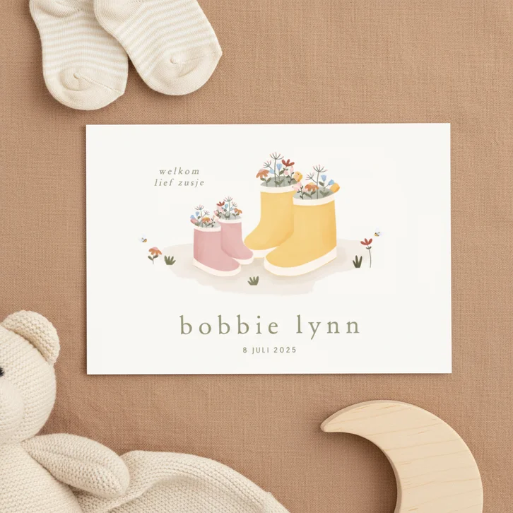 Liggend geboortekaartje zusje roze laarsjes en bloemetjes