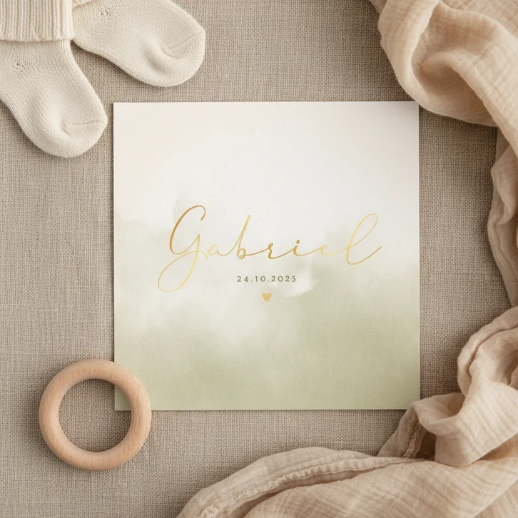 Minimalistisch geboortekaartje groene waterverf en hartje