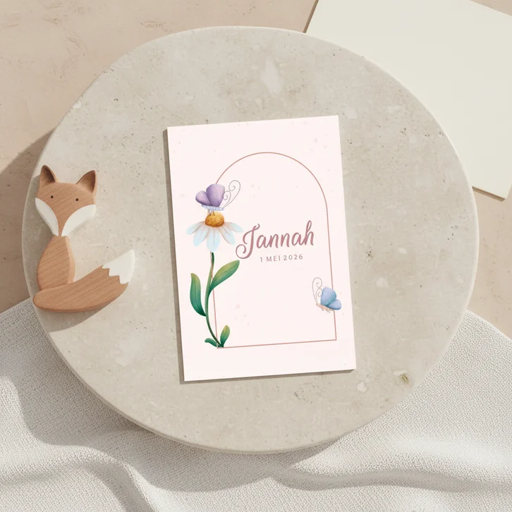 Minimalistisch geboortekaartje met bloem en vlinders