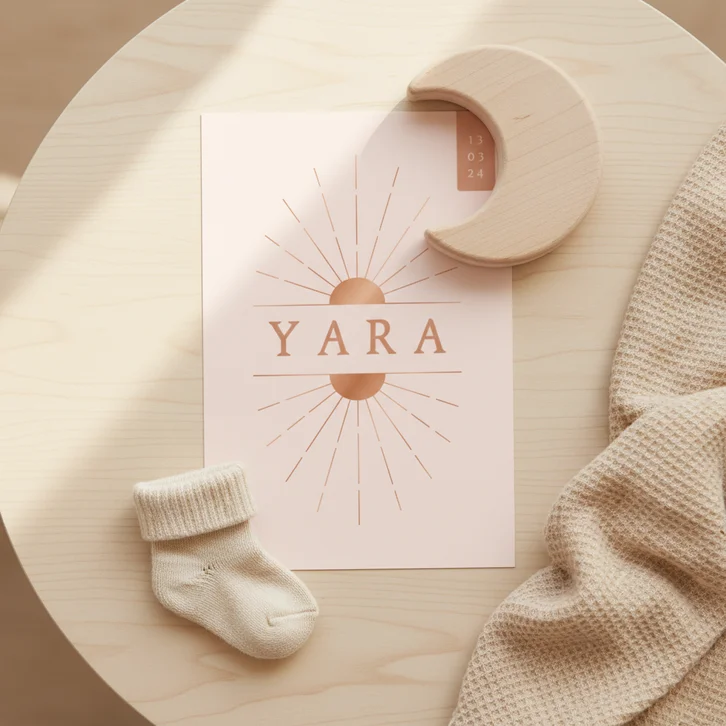 Minimalistisch geboortekaartje met zonnetje in roze & koper