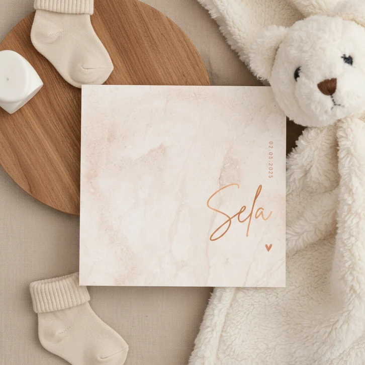 Minimalistisch geboortekaartje roze marmer meisje hartje