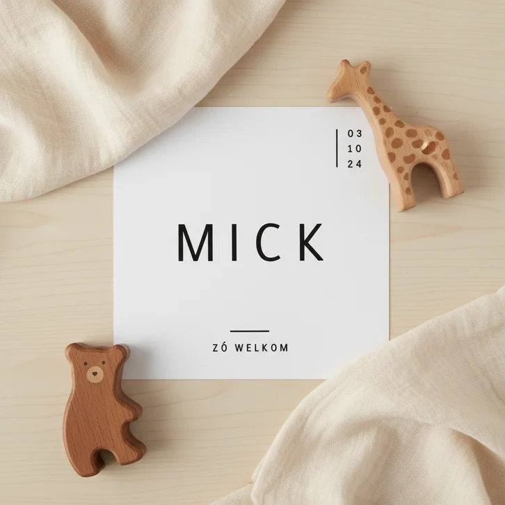 Minimalistisch geboortekaartje strakke typografie zwart wit