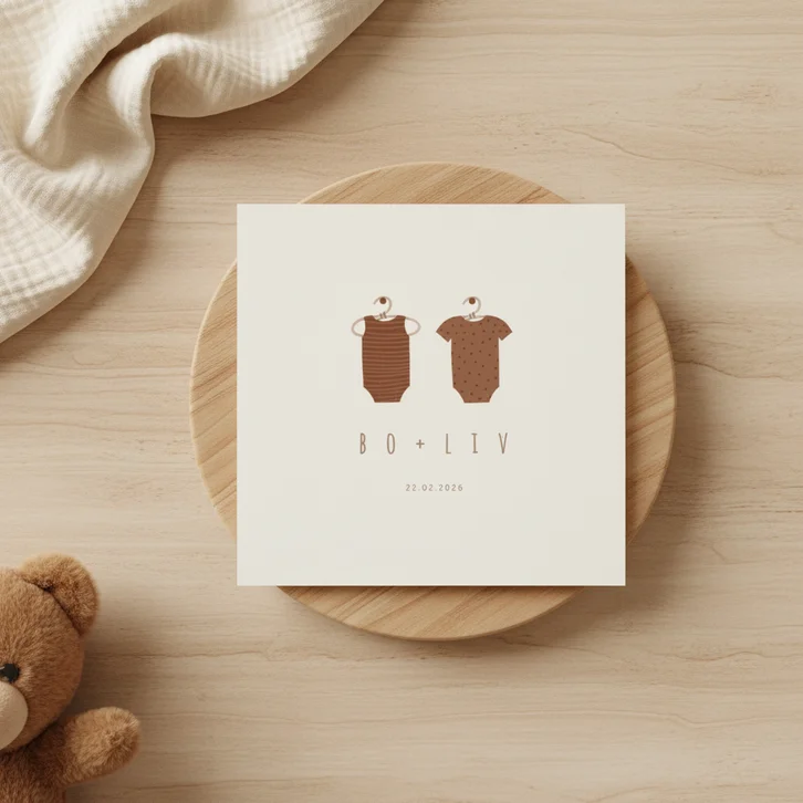 Minimalistisch geboortekaartje tweeling met 2 rompertjes