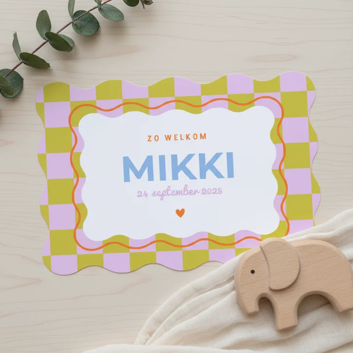 Minimalistisch geboortekaartje unisex met blokjes en wave