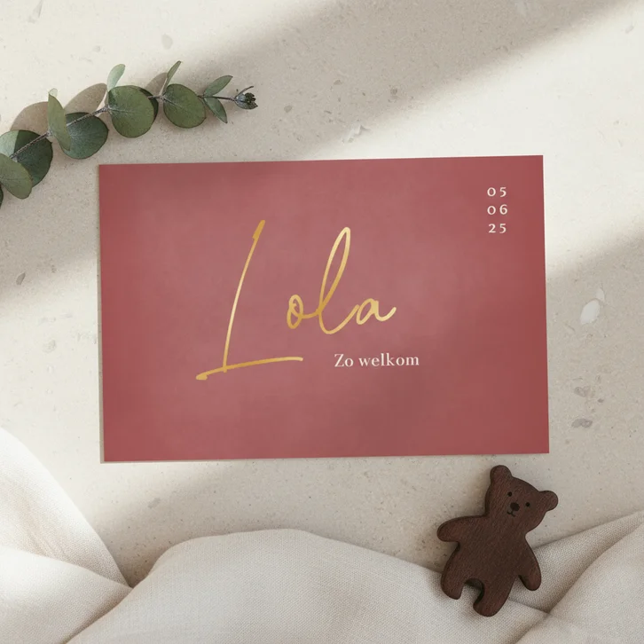 Minimalistisch stijlvol geboortekaartje met foliedruk naam