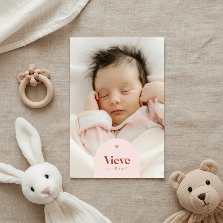 Modern fotokaartje geboorte met roze boogje koperfolie