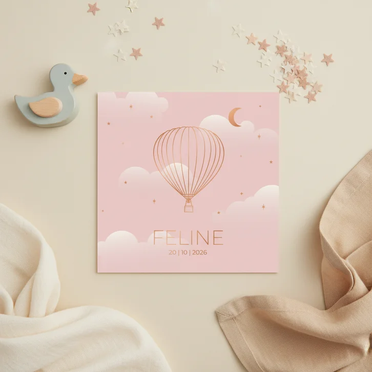 Modern geboortekaartje roze met luchtballon koperfolie