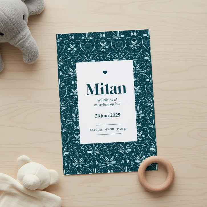 Mooi geboortekaartje met vintage patroon in donkerblauw