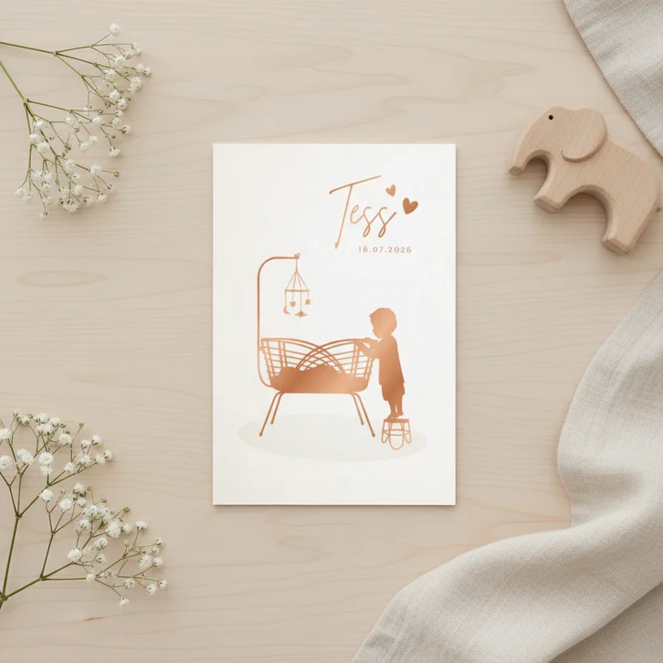Mooi geboortekaartje met wiegje silhouet grote broer